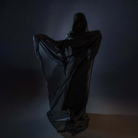 woman in a black veil against a starry sky, a mystical priestess of a mysterious cult, a fantastic character. A mysterious figure in the folds of the fabricの写真素材