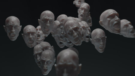 personality stratification, irritation and obsessive emotions, 3d concept. A lot of screaming heads breed from one pointの写真素材