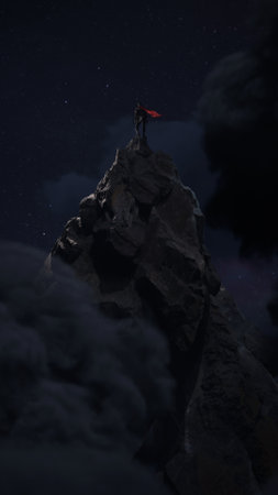 climb to the top. The hero is alone on top of a cliff above the clouds, the concept of achieving the goalの写真素材