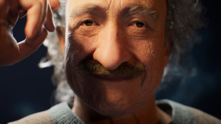 Use your mind, a 3D model in the image of Albert Einstein makes a gesture by touching his temple with his fingerの写真素材