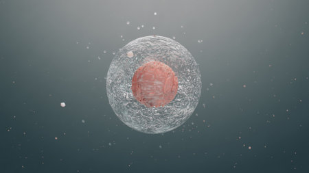 A living cell with a pulsating nucleus, a biological concept. The emergence of a new life,...