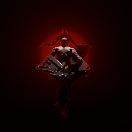 A pair of lovers merge together in a passionate act, red sensual tones, 3d charactersの写真素材