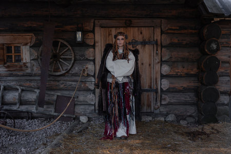 Shamanic dances, a shaman woman in a folk costume with lots of fringes and ribbons, in a village among wooden architecture, Slavic or Nordic styleの写真素材