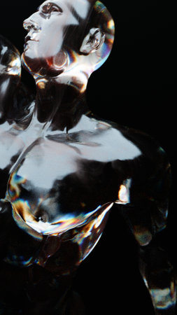 The crystal figure of a muscular athlete in a dynamic pose, he stretches his hand upの写真素材