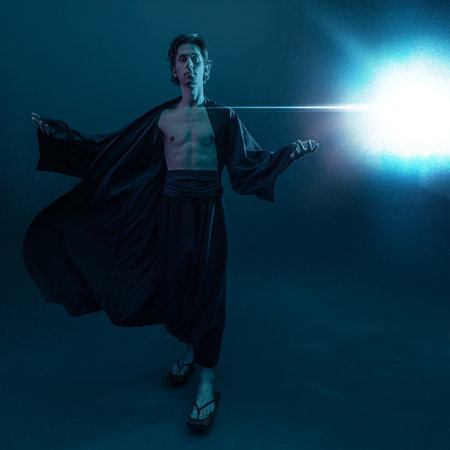 A guy in a kimono and geta in the image of a charismatic villain, dynamic poses, wide-angle viewの写真素材