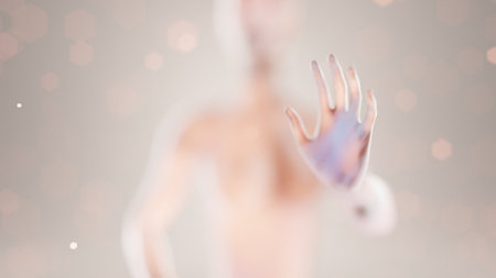 a touch, an unknown person pulls out his hand against the background of the light and touches the screen, an alien from other worlds, a translucent figure appears out of focusの写真素材