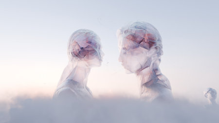 Metaphorical dialogue and exchange of thoughts. Two crystal heads in the clouds are talking to each otherの写真素材
