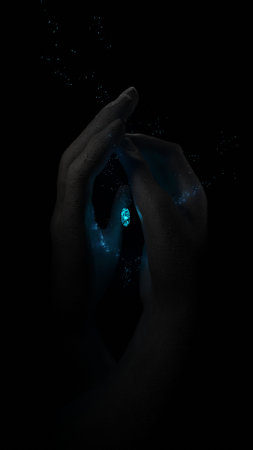 Mysterious crystal, giant stone hands protect the shining stone inside. 3D rendering, the concept of a secret treasureの写真素材