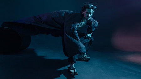 A guy in a kimono and geta, dynamic poses, wide-angle view