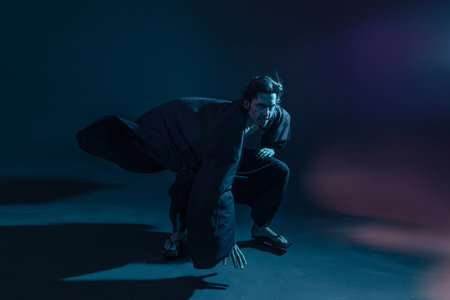 A guy in a kimono and geta, dynamic poses, wide-angle viewの写真素材