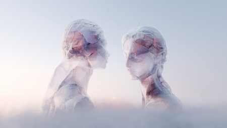 Metaphorical dialogue and exchange of thoughts. Two crystal heads in the clouds are talking to each otherの写真素材