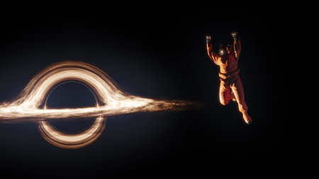 A black hole, a gravitational singularity in space. The astronaut got into the field of gravity of a black hole, falling into a wormholeの写真素材