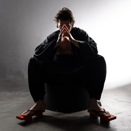 A guy in a kimono and geta, dynamic poses, wide-angle viewの写真素材