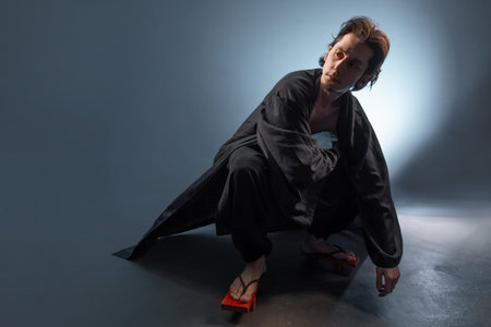 A guy in a kimono and geta, dynamic poses, wide-angle viewの写真素材
