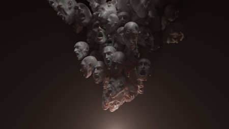 personality stratification, irritation and obsessive emotions, 3d concept. A lot of screaming heads breed from one pointの写真素材