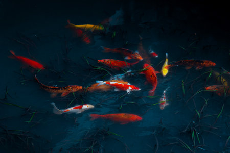 Koi carp, a flock of beautiful red fish in a pond, freshwater ecosystem, urban lakesの写真素材