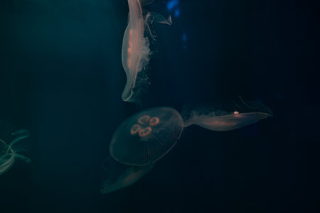 There are a lot of jellyfish in the water. The underwater world in the aquariumの写真素材