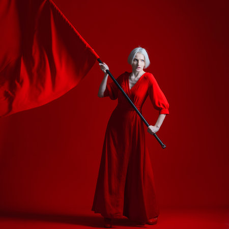 Rebel, a concept. The revolution. A woman in a red dress waves a huge red flag on a red background.の写真素材