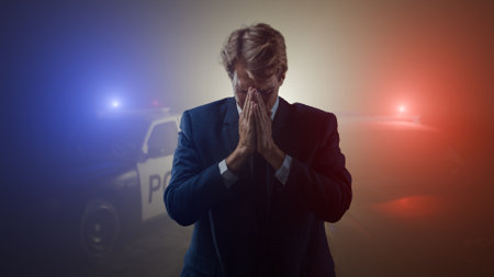 A man in a business suit is in shock on a night road, flashing police cars behind his back. Detention of a criminal conceptの写真素材