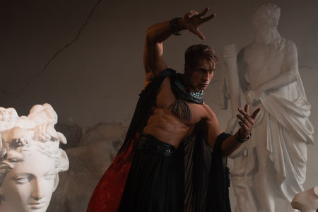 Muscular charismatic bodybuilder model in a silk cape makes an expressive pose, sculptors workshop