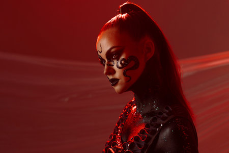 Snake-like, stylish and daring woman, make-up with a snake pattern, bright photo on a red...