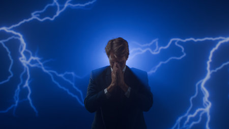 A man in a business suit is stressed. A businessman is tense. Electric lightning bolts spark around him.の写真素材