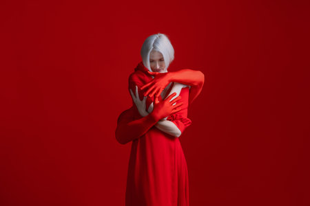 To support myself, the concept. All the different sides of my personality work together and protect me. A woman in a red dress and a person in red, on a red background, hug themselves.の写真素材