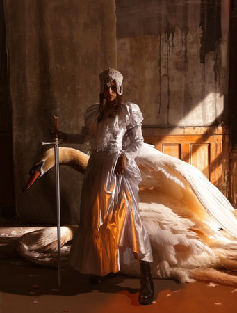 The warlike swan princess, a girl with a sword, stands in defense of a huge white swan. Fairy-tale characters in a realistic style, mysterious photo in a gloomy fairy-tale style, inspired by paintingの写真素材