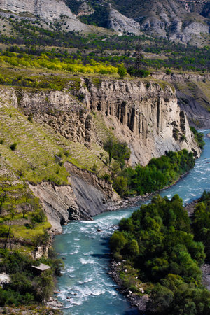 A river in the mountains. Fantastic mountain nature, canyons and meadows. nature of the Caucasus, Republic of Dagestanの写真素材