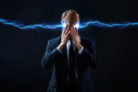 Headache is like an electric lightning bolt, a concept. man in a business suit is stressed. A...