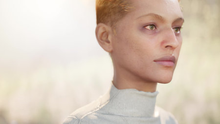 A young woman in the forest takes a breath, calm face, unity with nature, 3d animation close-upの写真素材