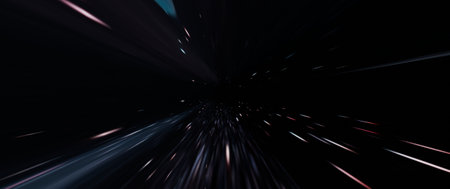 A futuristic space-time tunnel with high-speed movement through a wormhole. Abstract patterns, stars, and nebulae create a vision of interstellar travel, teleportation, and overcoming cosmic barriers.の写真素材