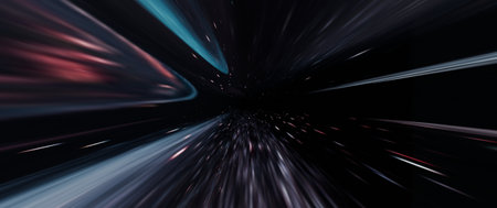 An abstract depiction of a space-time tunnel, drawing viewers into a high-speed journey through a wormhole. Featuring stars, nebulae, and futuristic patterns, it symbolizes interstellar travel and teleportation.の写真素材
