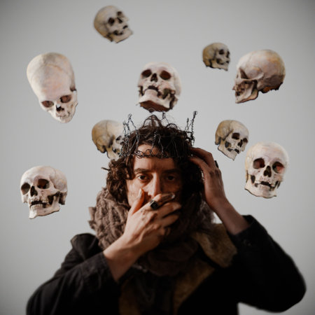 The dramatic Shakespearean hero is terrified by wearing a crown on his head, he is surrounded by ghosts, flying skulls, a surreal concept on an abstract background. Hamlet in modern grunge or post-apocalyptic reinterpretation, young man, tragic Shakespearean hero in a crown of wireの写真素材