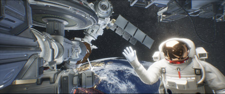 An astronaut in a spacesuit waves his hand into the frame, a large futuristic space station in near spaceの写真素材