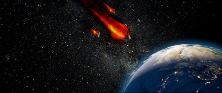 A 3D visualization of an asteroid hurtling toward Earth, depicting an apocalyptic space disaster. The scene features fiery debris, an impact crater, and the asteroid entering the atmosphere, symbolizing global destruction.の写真素材