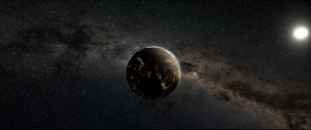 ancient earth, view from space, dense atmosphere. The earth was hot, with active volcanic activity and a dense atmosphere consisting of carbon dioxide, methane, ammonia, water vapor and other gases.の写真素材