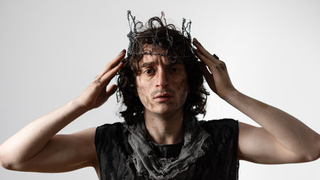 Hamlet in modern grunge or post-apocalyptic reinterpretation, young man, tragic Shakespearean hero in a crown of wire, a creative conceptの写真素材