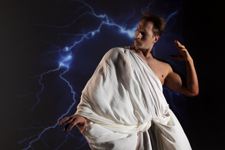 A muscular, athletic figure embodying Zeus, Lightning bolts in hand, he symbolizes strength, might, and mythical rulership. athleticism and divine power.の写真素材