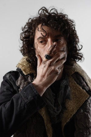 A curly-haired guy in a grunge outfit, a dramatic portrait of a Shakespearean character in a modern wayの写真素材