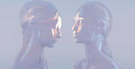 Metaphorical dialogue and exchange of thoughts. Two translucent crystal heads facing each other, spinning in the skyの写真素材