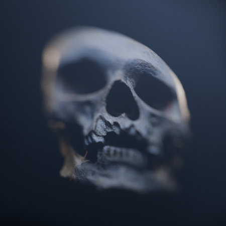 A detailed 3D model of a human skull with distortion effects, evoking a horror movie aesthetic. The close-up showcases intricate anatomy, ideal for Halloween, archeology, or horror-themed projects.の写真素材