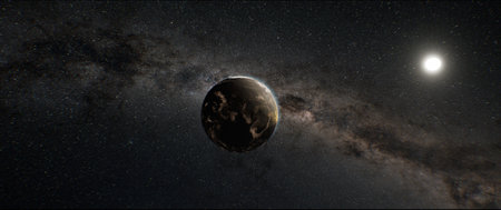 A view of ancient Earth from space, showcasing a dense, swirling atmosphere of carbon dioxide, methane, ammonia, and water vapor. The planet appears hot, with active volcanic eruptions and a chaotic, primordial landscape, illustrating its early formation.の写真素材