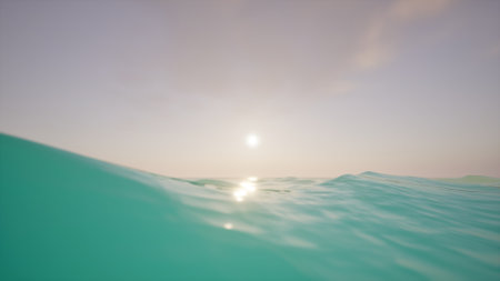 Minimalistic landscape, peaceful sea scene, ocean waves, clear water lapping at camera level, cloudless sky, calm and beautiful natural backgroundの写真素材