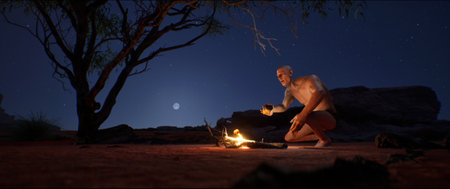 Primitive man was able to make fire himself for the first time, he is shocked and a little scared. 3d scene symbolizing evolution, progress, and the dawn of human ingenuity. A pivotal moment in history and archeology.の写真素材