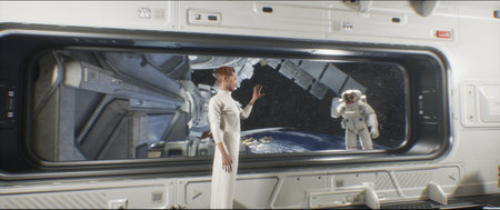 A 3D render of a futuristic space station in near-Earth orbit, with comfortable interiors and artificial gravity. An astronaut outside performs a spacewalk, highlighting progress in space exploration and technology.の写真素材