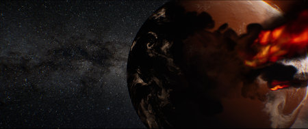 A 3D visualization of Earth during the late heavy bombardment, with asteroids and comets impacting the surface. Fiery explosions and craters depict the chaotic early Archean period, showcasing the origins of organic life.の写真素材