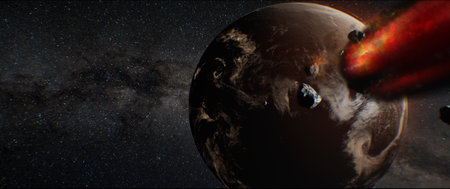 A dramatic 3D render of Earths late heavy bombardment, with fiery asteroids and comets crashing into the surface. This chaotic scene from the early Archean period illustrates the origins of organic life and planetary formationの写真素材