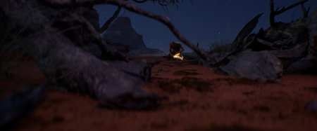 Ancient man made fire, the history of the evolution of the human mind, concept. A man in the desert at night, makes fire by hitting flints of stones against each otherの写真素材