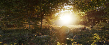A calm forest landscape, the camera rotation shows a forest clearing with rocks and grasses. 3d animation of a natural sceneの写真素材